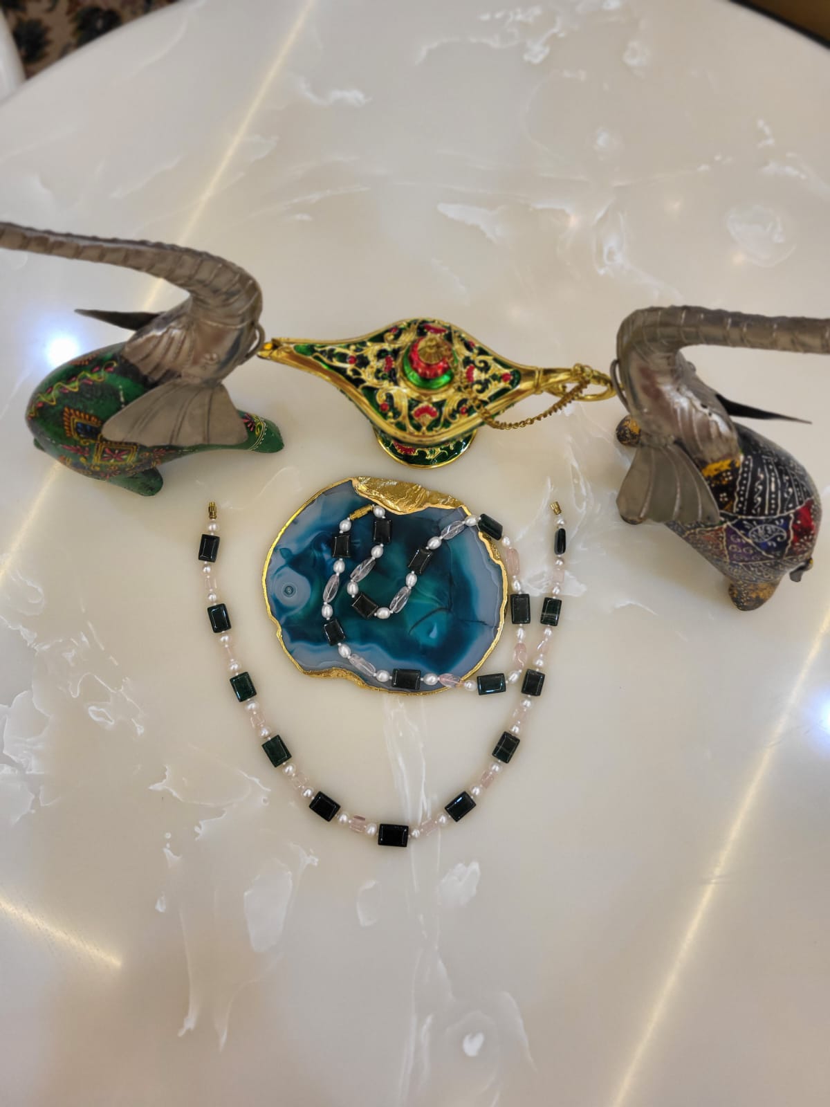 Green Onyx, Pearl and Rose Quartz Necklace